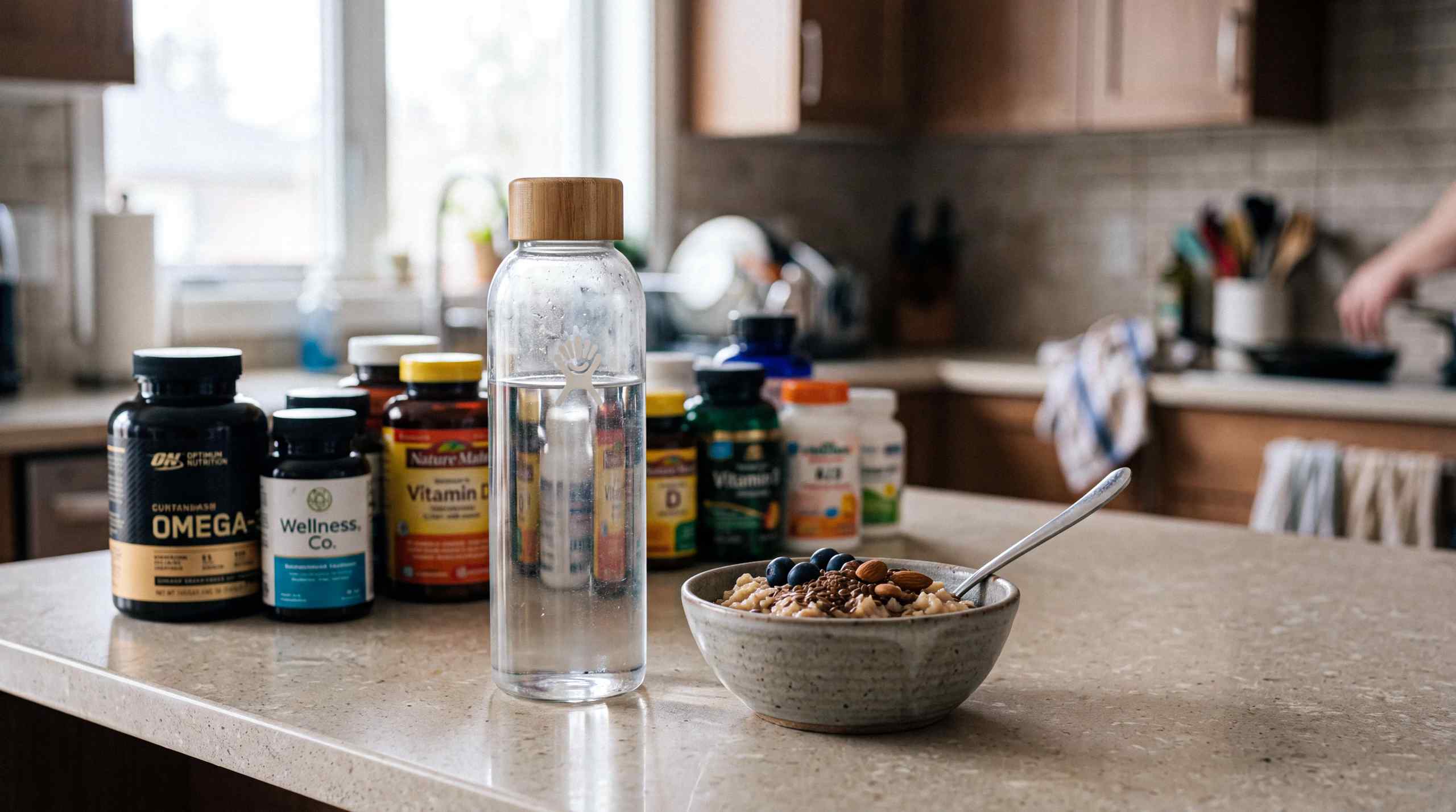 A bowl of healthy cereal, a bottle of water and a number of vitamins and supplements on a countertop.